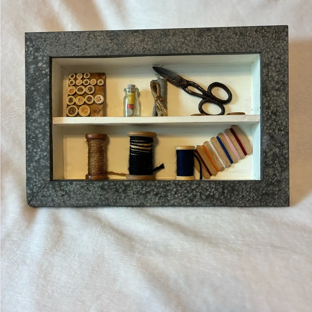 Rustic Sewing Shadow Box Wall Decor in Silver and Cream
